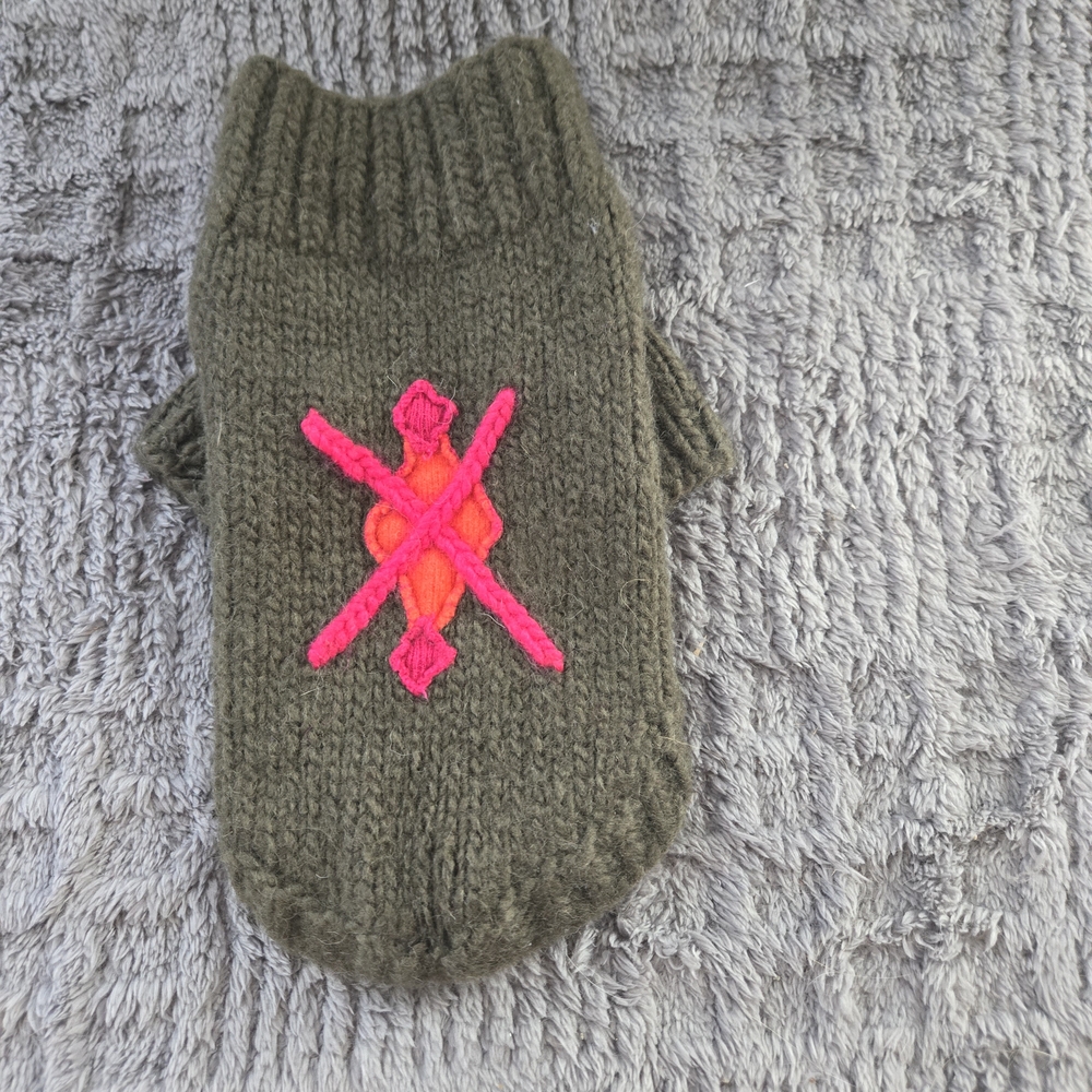 Green Knit Dog Sweater with Pink and Orange Design